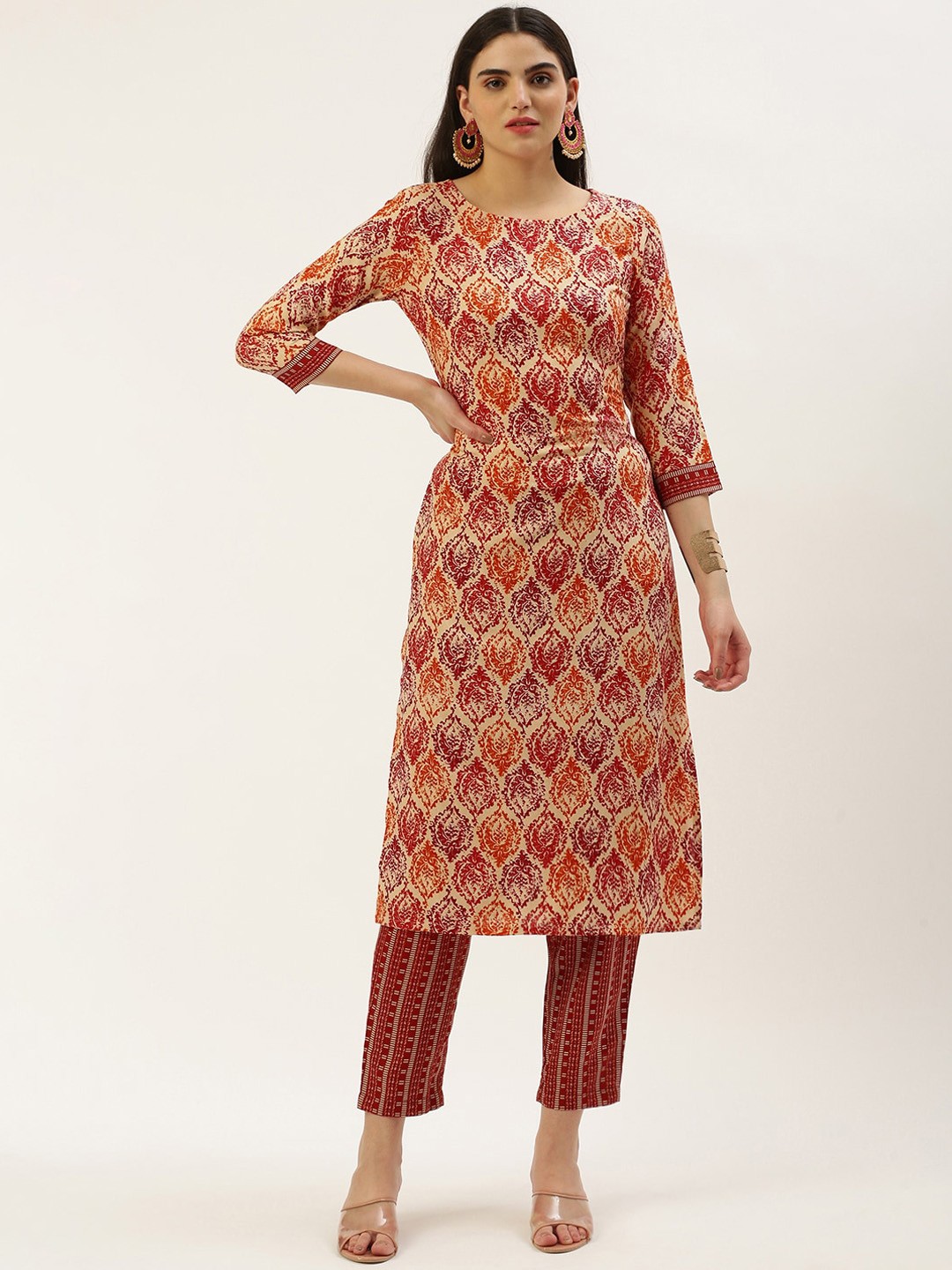 

KALINI Ethnic Motifs Printed Round Neck Three-Quarter Sleeves Kurta with Trousers, Orange