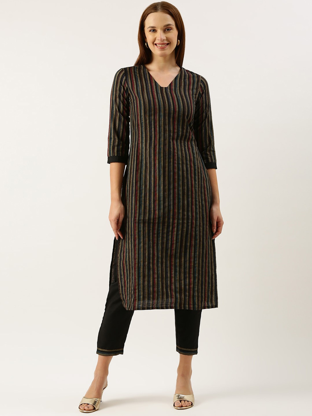 

KALINI Striped Regular Kurta with Trouser, Black