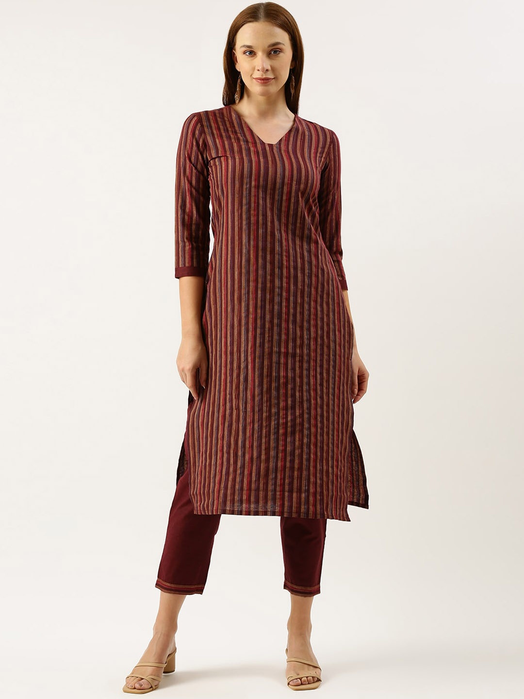 

KALINI Striped Woven Design Regular Kurta with Trouser, Maroon