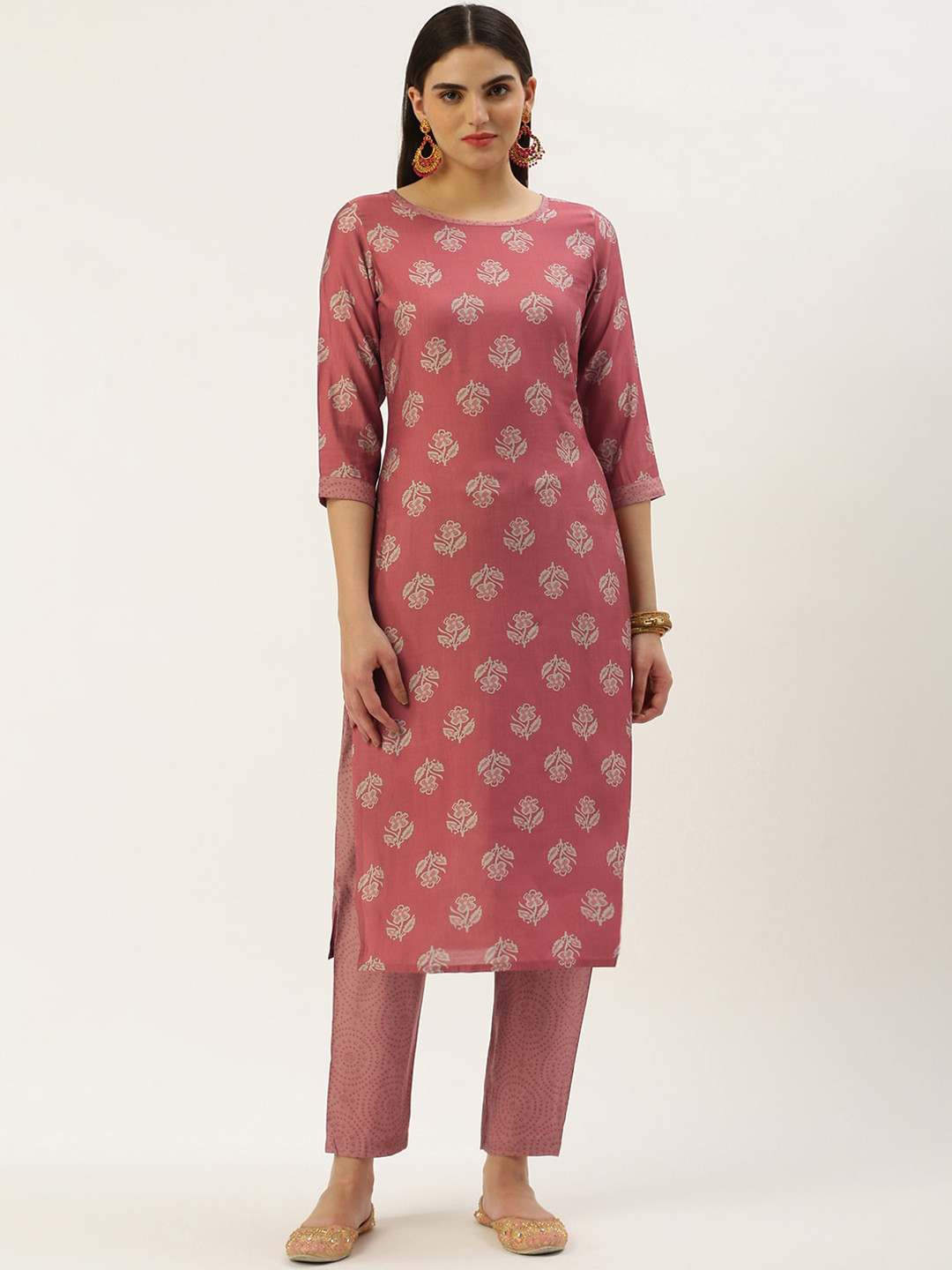

KALINI Floral Printed Chanderi Silk Straight Kurta with Trousers, Pink
