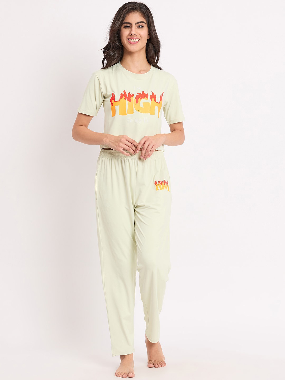 

Camey Printed Night Suit, Lime green