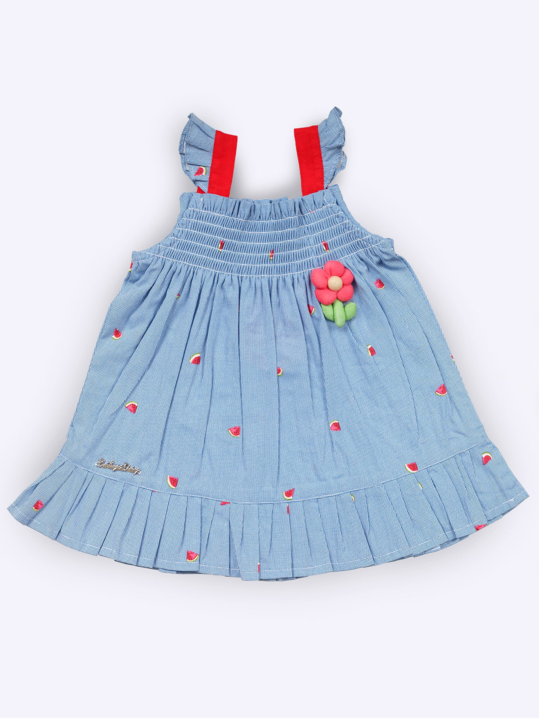 

Babys Day Infant Girls Print Smocked Pure Cotton Fit & Flare Dress, Blue