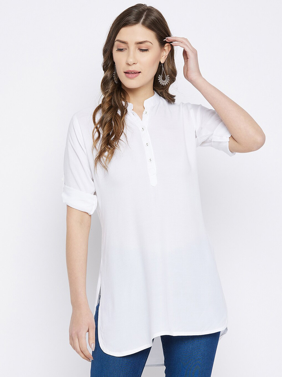 

THE PAJAMA FACTORY Mandarin Collar Roll Up Sleeves Straight Kurti, White