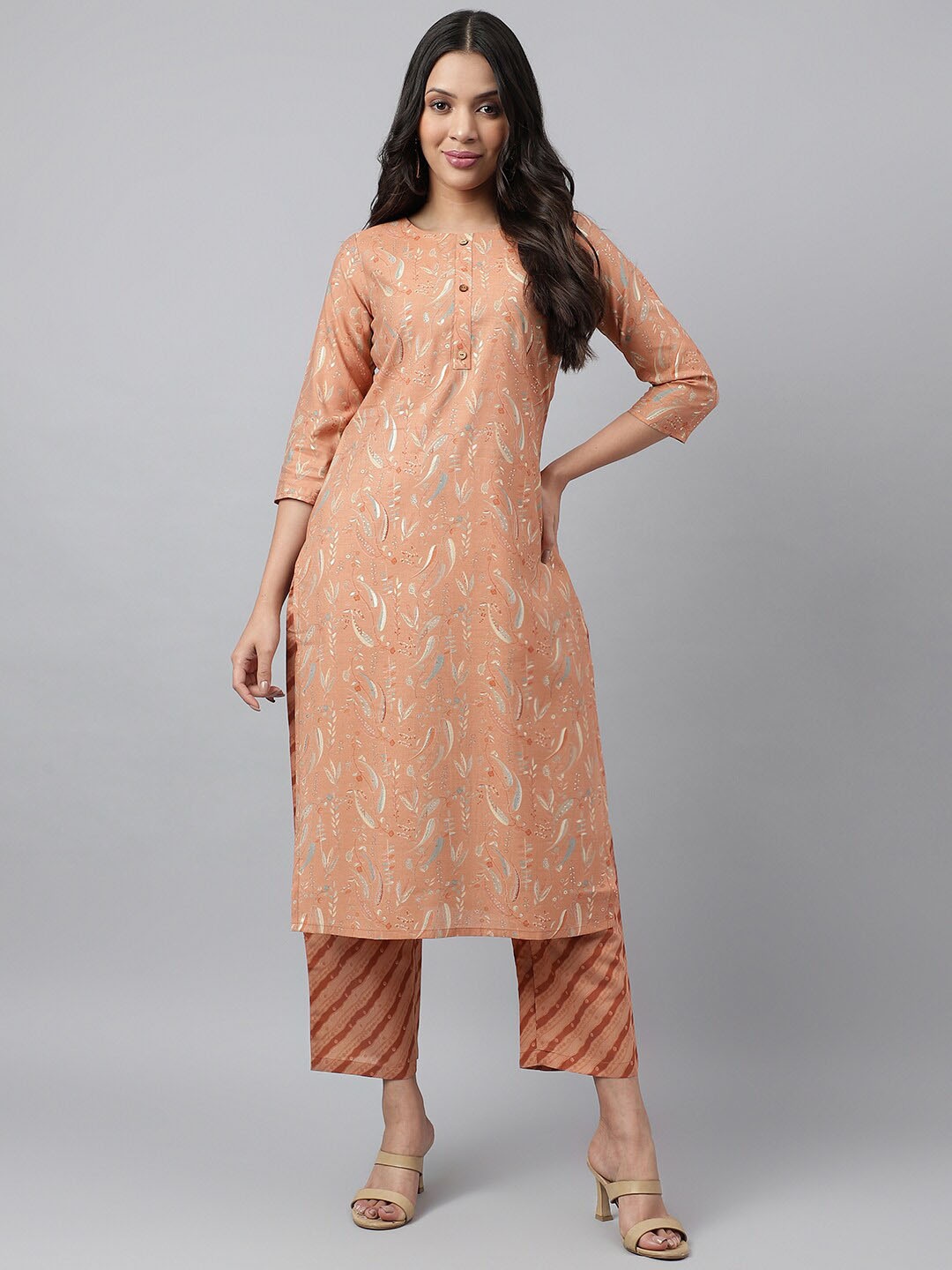 

HRITIKA Ethnic Motifs Printed Round Neck Calf Length Straight Kurta With Trouser, Orange