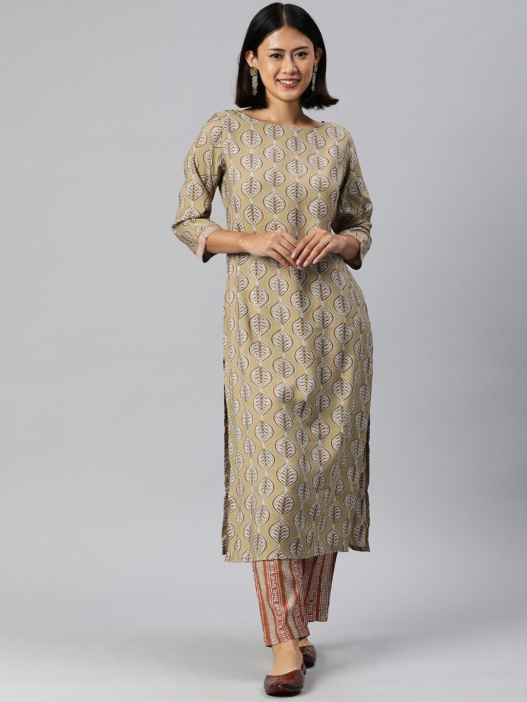 

HRITIKA Ethnic Motifs Printed Round Neck Chanderi Cotton Straight Kurta With Trouser, Beige