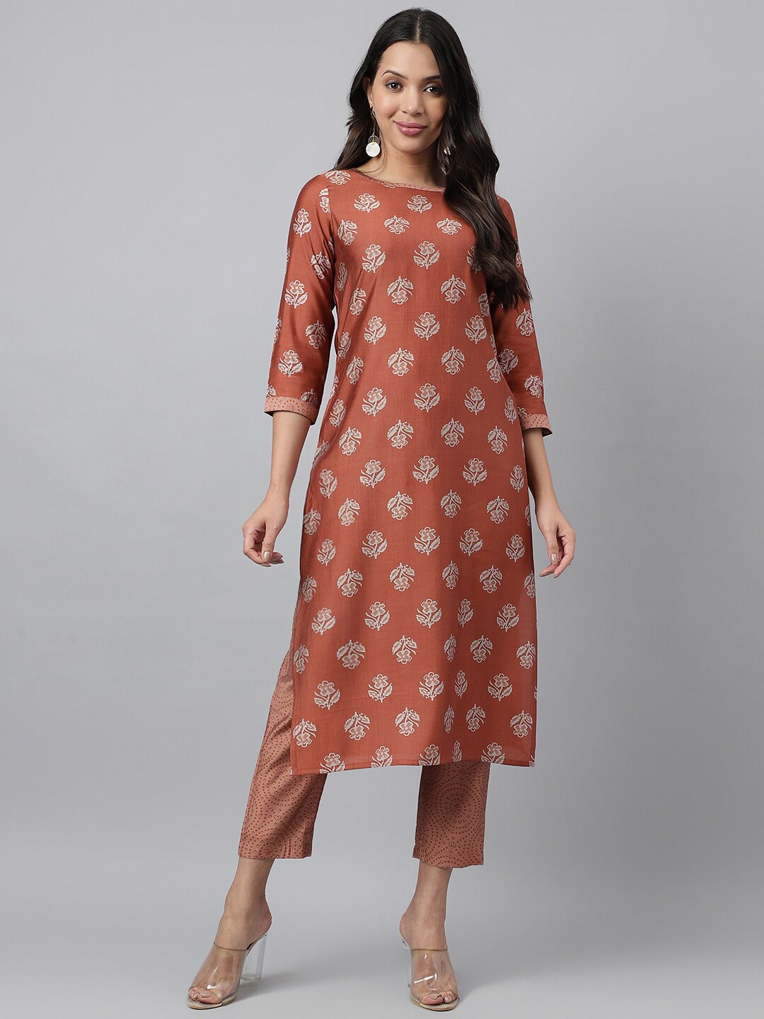 

HRITIKA Floral Printed Round Neck Chanderi Silk Straight Kurta With Trouser, Rust