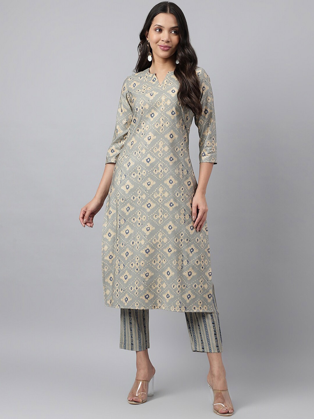 

HRITIKA Ethnic Motifs Printed Chanderi Cotton Straight Kurta With Trousers, Grey