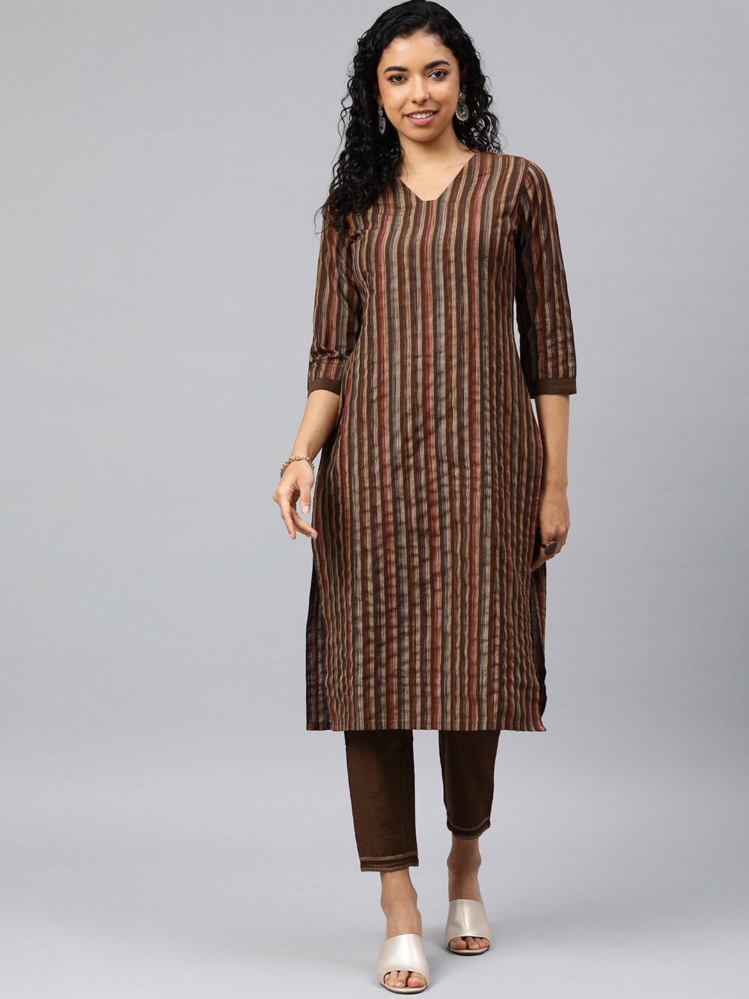

HRITIKA Striped V-Neck Three-Quarter Sleeves Straight Kurta With Trouser, Brown