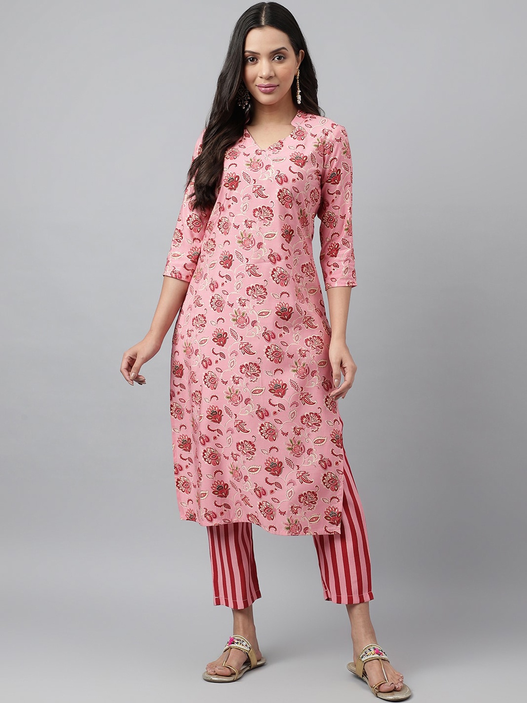 

HRITIKA Floral Printed Straight Kurta with Trousers, Pink