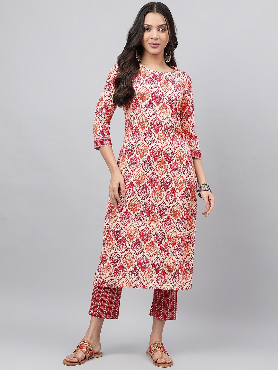 

HRITIKA Striped Round Neck Three-Quarter Sleeves Straight Kurta With Trouser, Orange
