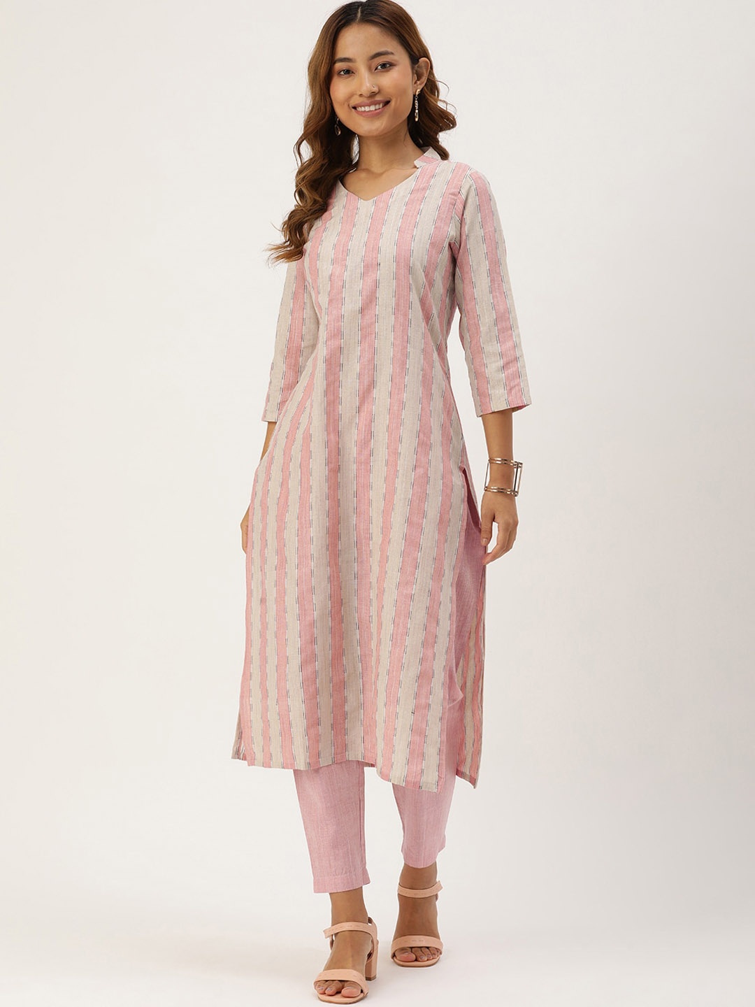 

HRITIKA Striped V-Neck Three-Quarter Sleeves Straight Kurta With Trouser, Peach
