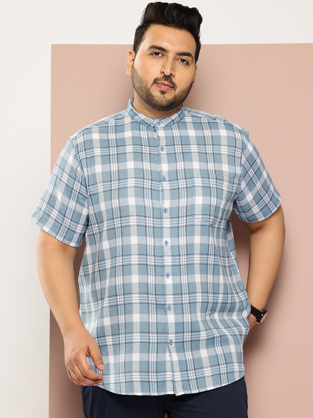 

Sztori Men Plus Size Checked Mandarin Collar Casual Shirt, Blue