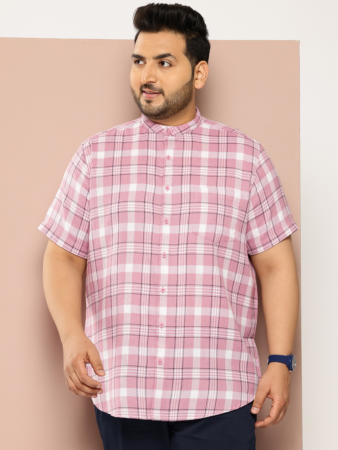

Sztori Men Plus Size Checked Mandarin Collar Casual Shirt, Pink