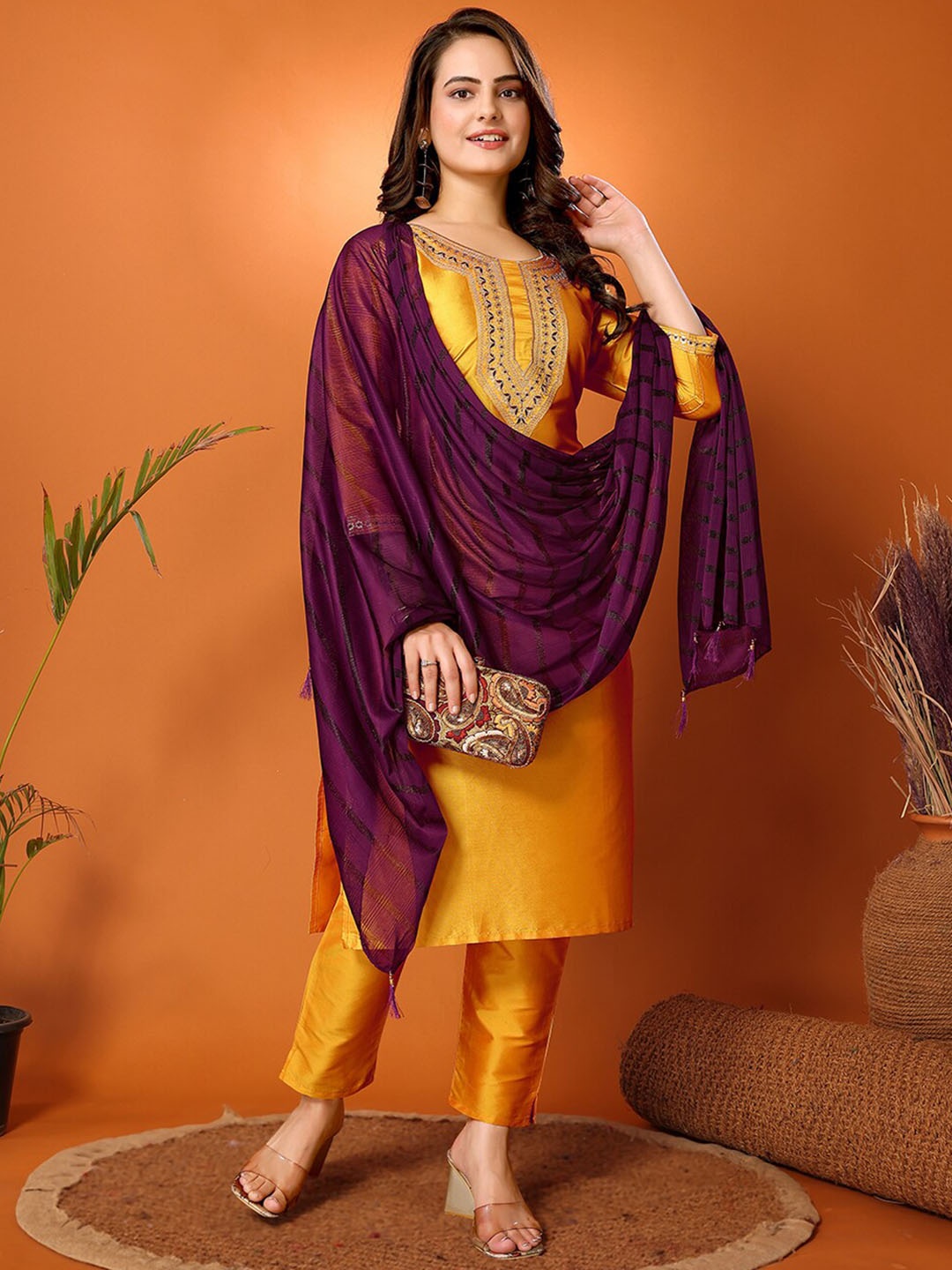 

FABMORA Ethnic Motifs Yoke Design Regular Thread Work Straight Kurta With Trouser &Dupatta, Yellow