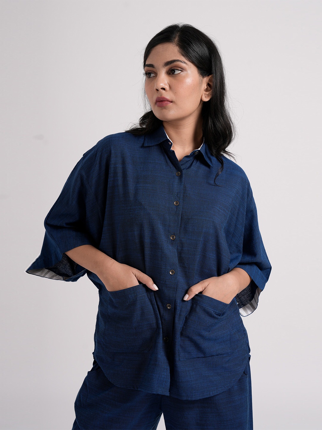 

the kaatn trail Comfort Boxy Spread Collar Cotton Opaque Casual Shirt, Blue