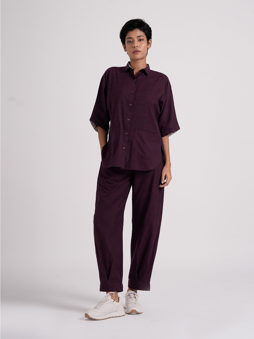 

the kaatn trail Comfort Boxy Spread Collar Cotton Opaque Casual Shirt, Purple
