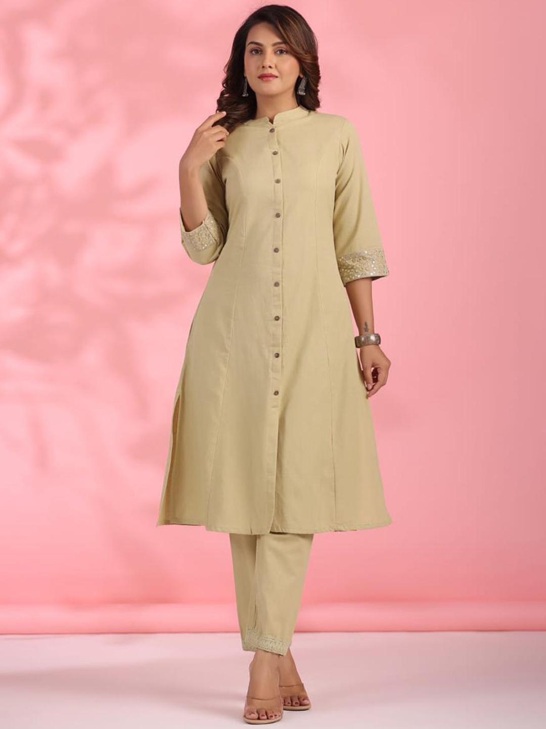 

INDYES Mandarin Collar A-Line Mirror Work Pure Cotton Kurta & Trouser, Beige