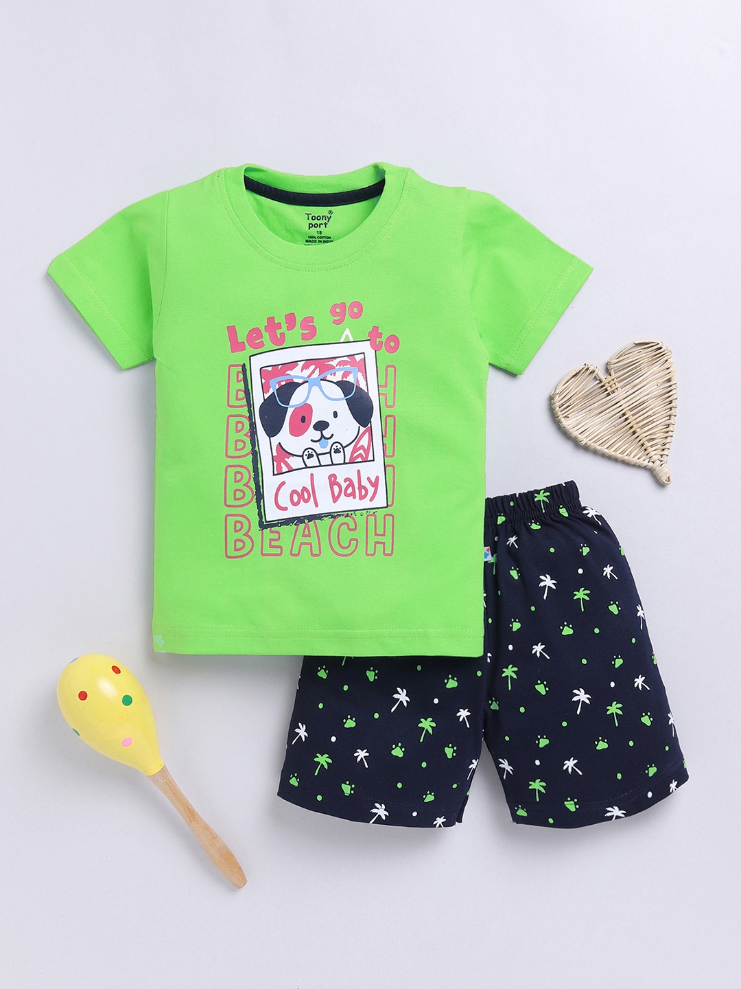 

Toonyport Boys Graphic Printed Pure Cotton T-shirt with Shorts, Green