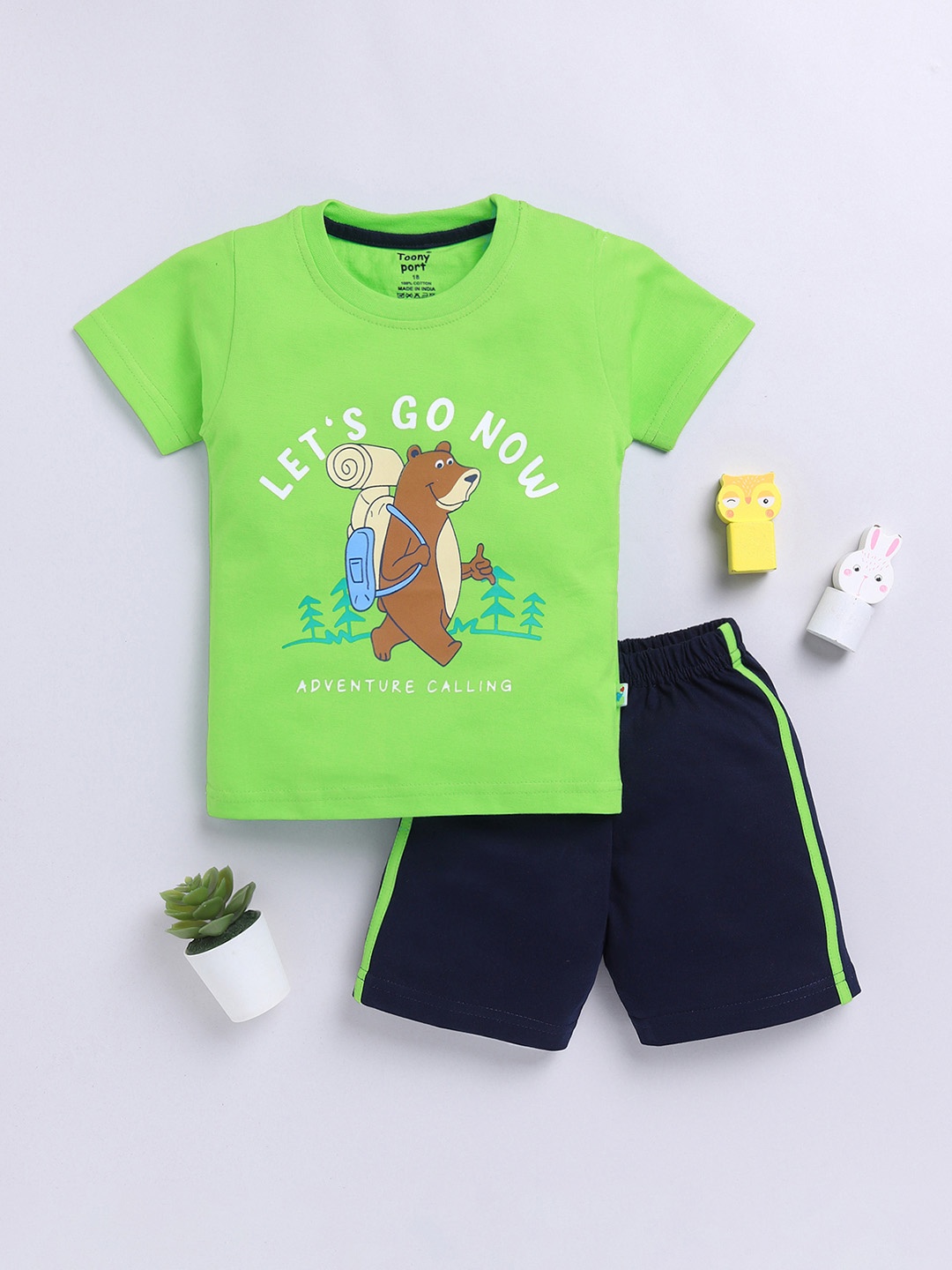Toonyport Boys Graphic Printed Pure Cotton T-shirt with Shorts, Green