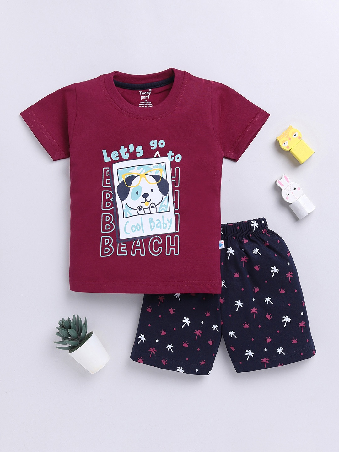 

Toonyport Boys Graphic Printed Pure Cotton T-shirt with Shorts, Maroon
