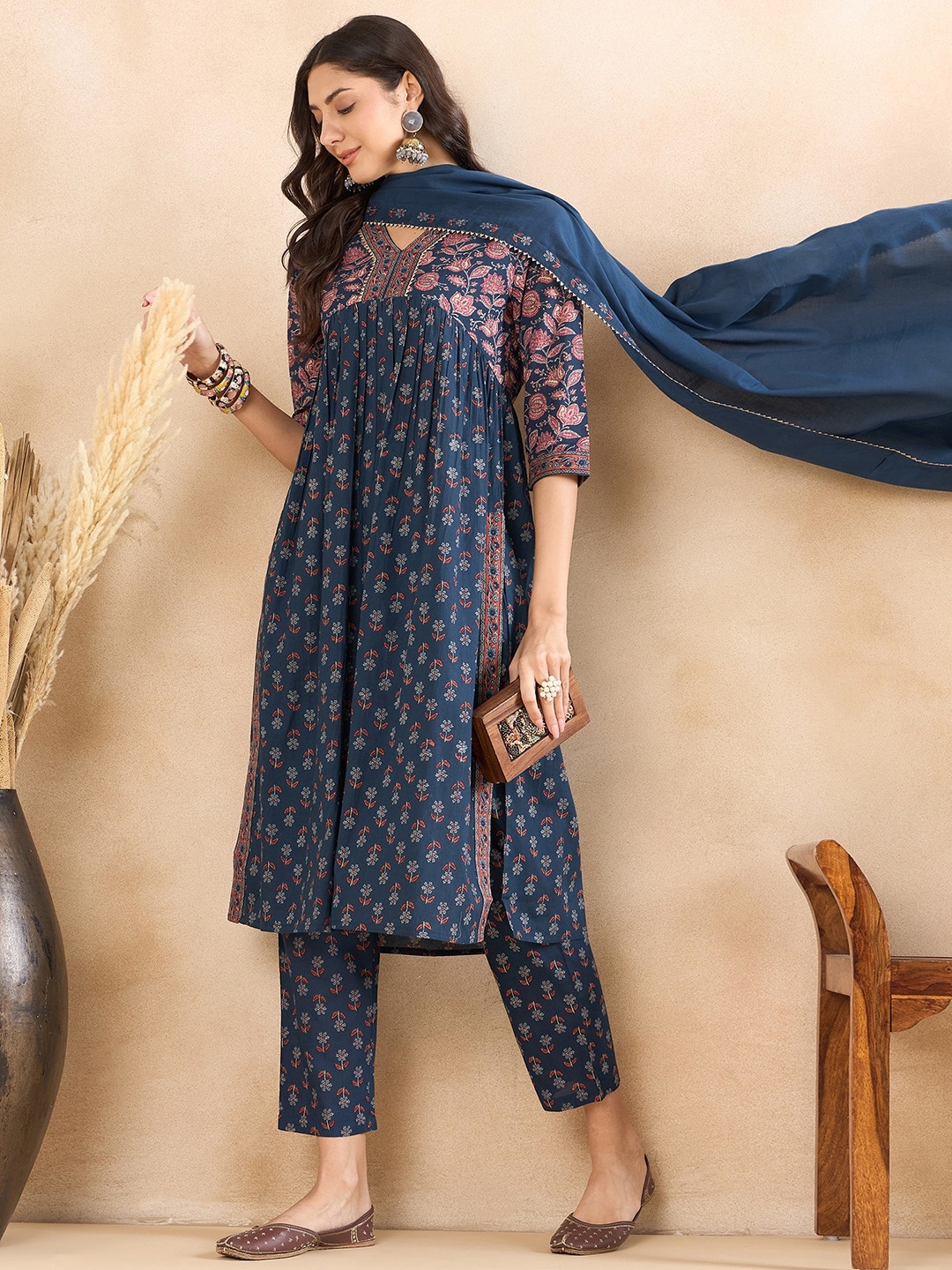 

Anouk Floral Printed Empire Gotta Patti Pure Cotton Anarkali Kurta with Trousers & Dupatta, Blue