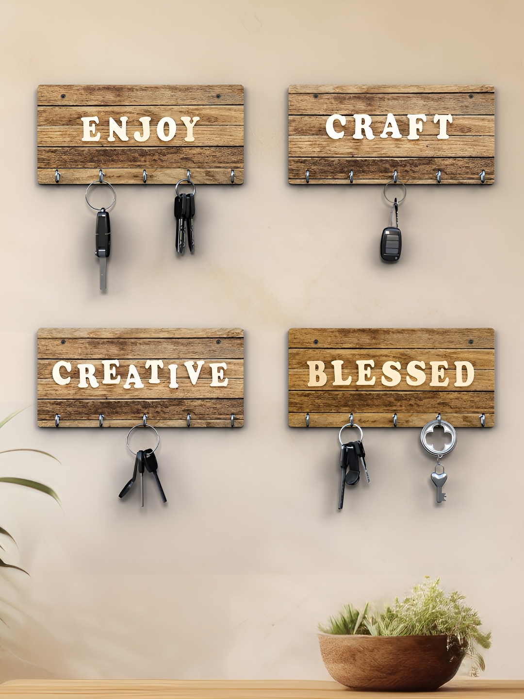 

RANDOM Brown & White 4 Pieces Typographic Wooden Key Holders