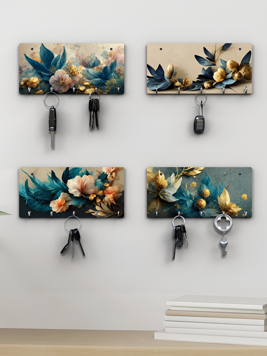 

RANDOM Beige & Teal Blue 4 Pieces Floral Printed Wooden Key Holders