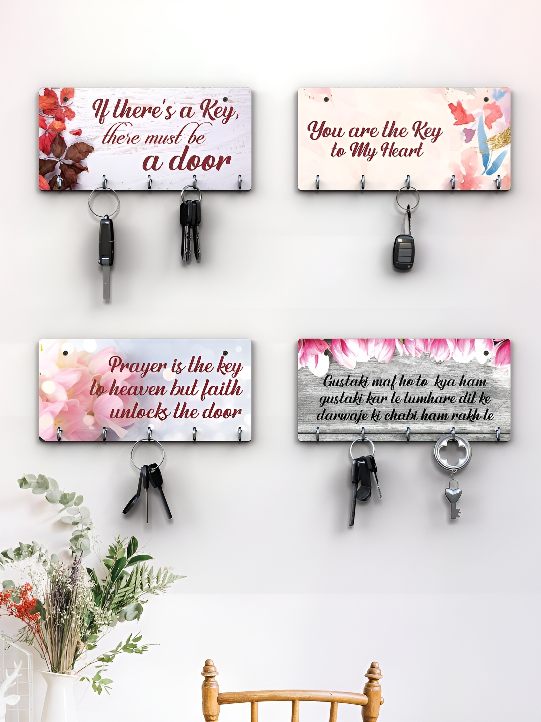 

RANDOM White & Pink 4 Pieces Typographic Printed Wooden Key Holders