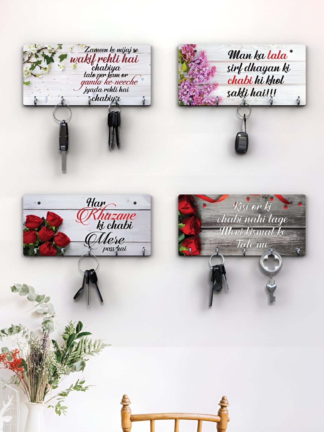 

RANDOM White & Red 4 Pieces Typographic Printed Wooden Key Holders