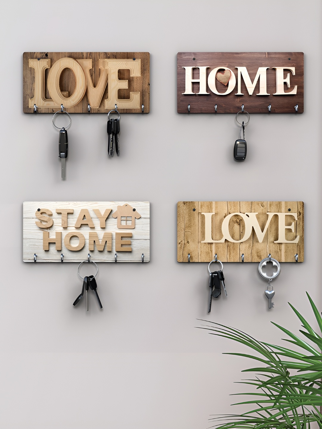 

RANDOM Brown & Beige 4 Pieces Love Printed Wooden Key Holders