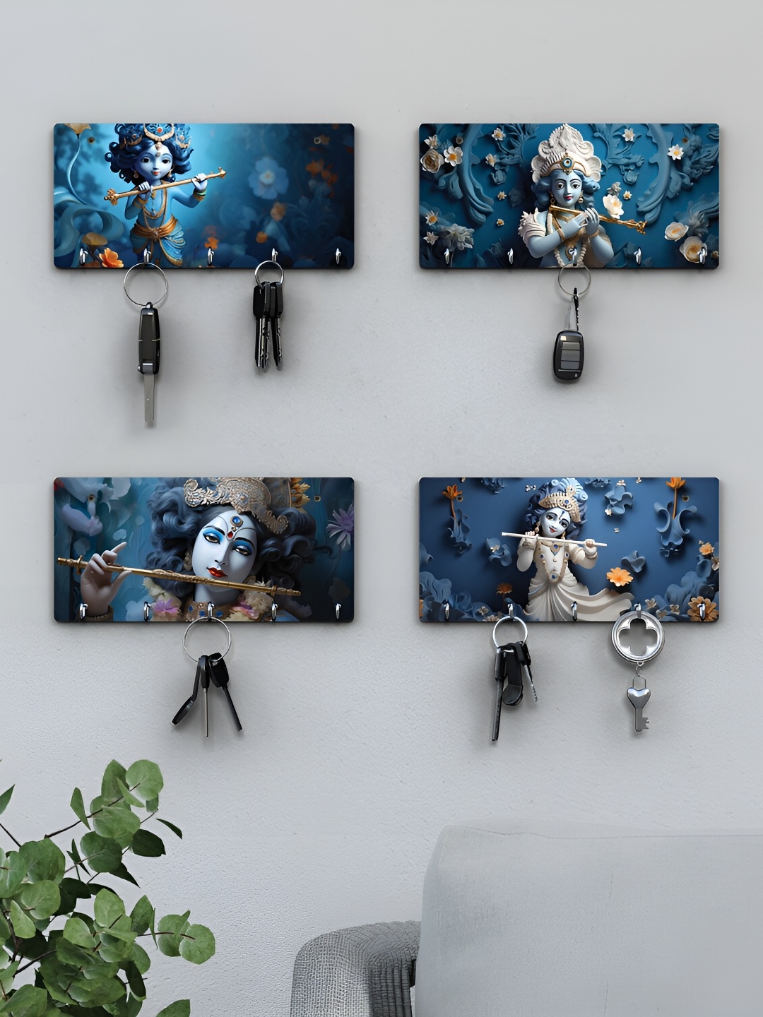 

RANDOM Blue & Grey 4 Pieces Baal Krishna Printed Wooden Key Holders