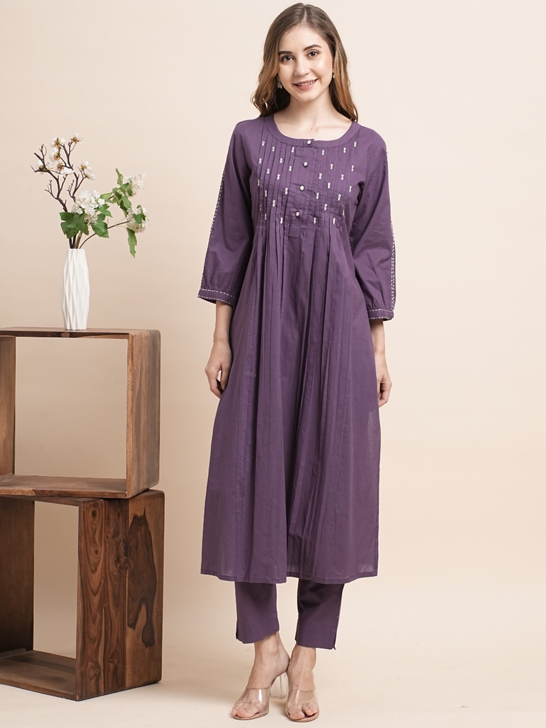 

INDYES Ethnic Embroidered Pleated Pure Cotton Kurta & Trouser, Purple