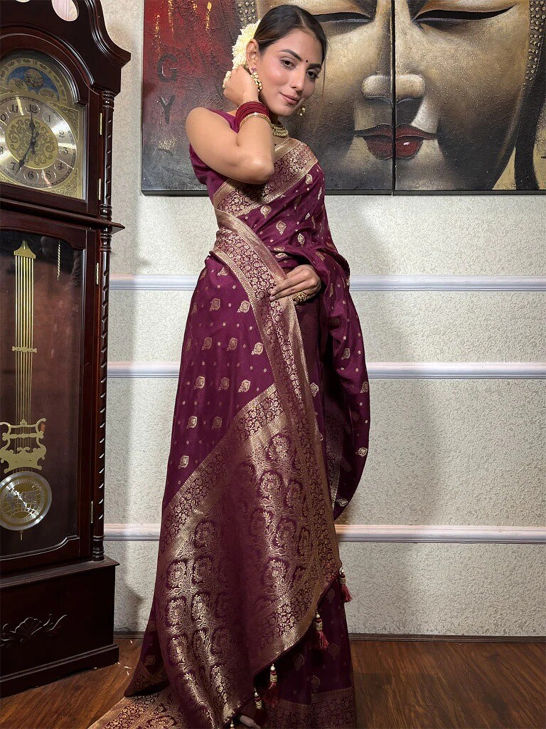 

Mitera Burgundy Ethnic Motifs Woven Design Zari Saree