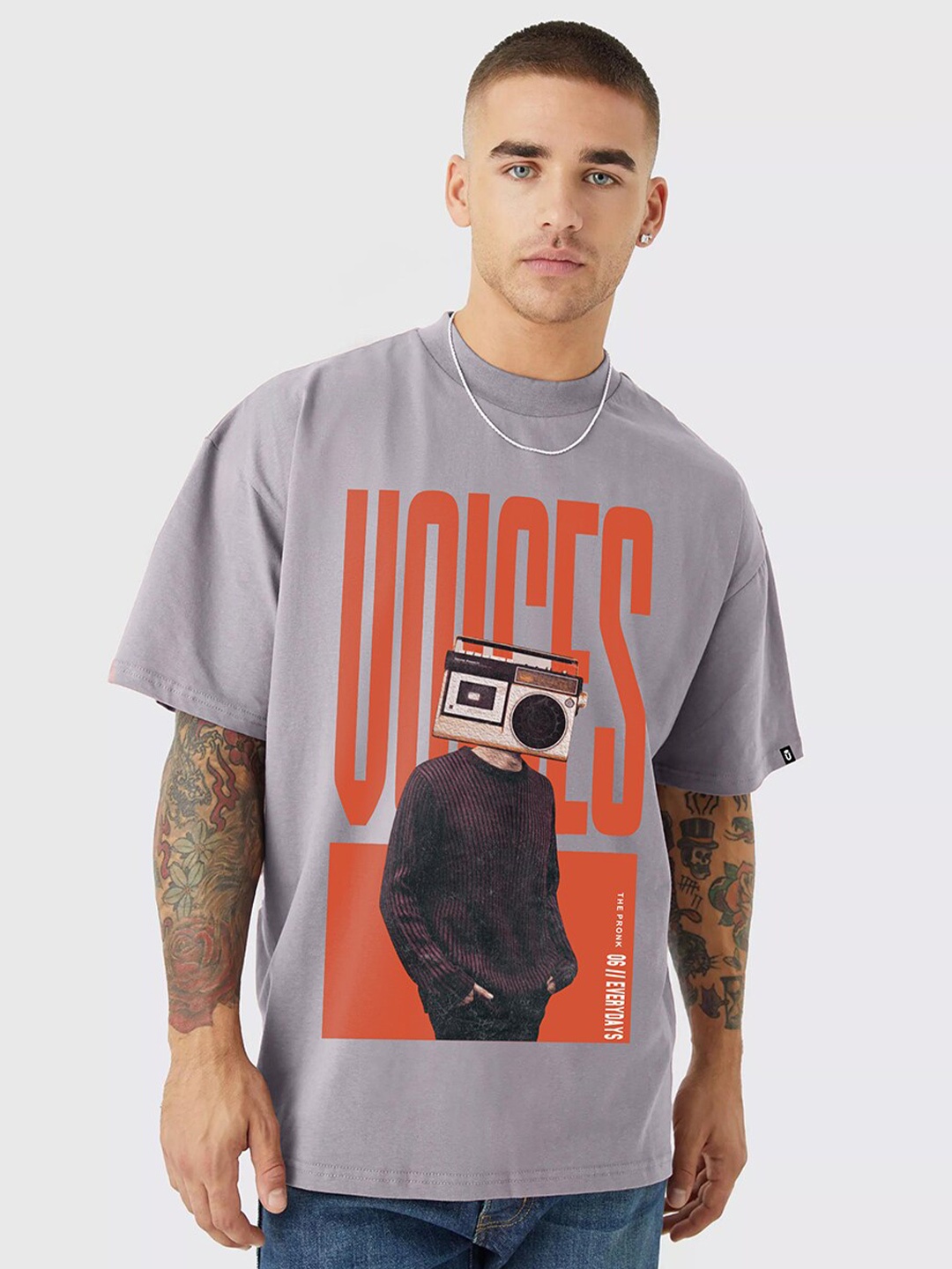 

PRONK Round Neck Printed Pure Cotton T-shirt, Grey