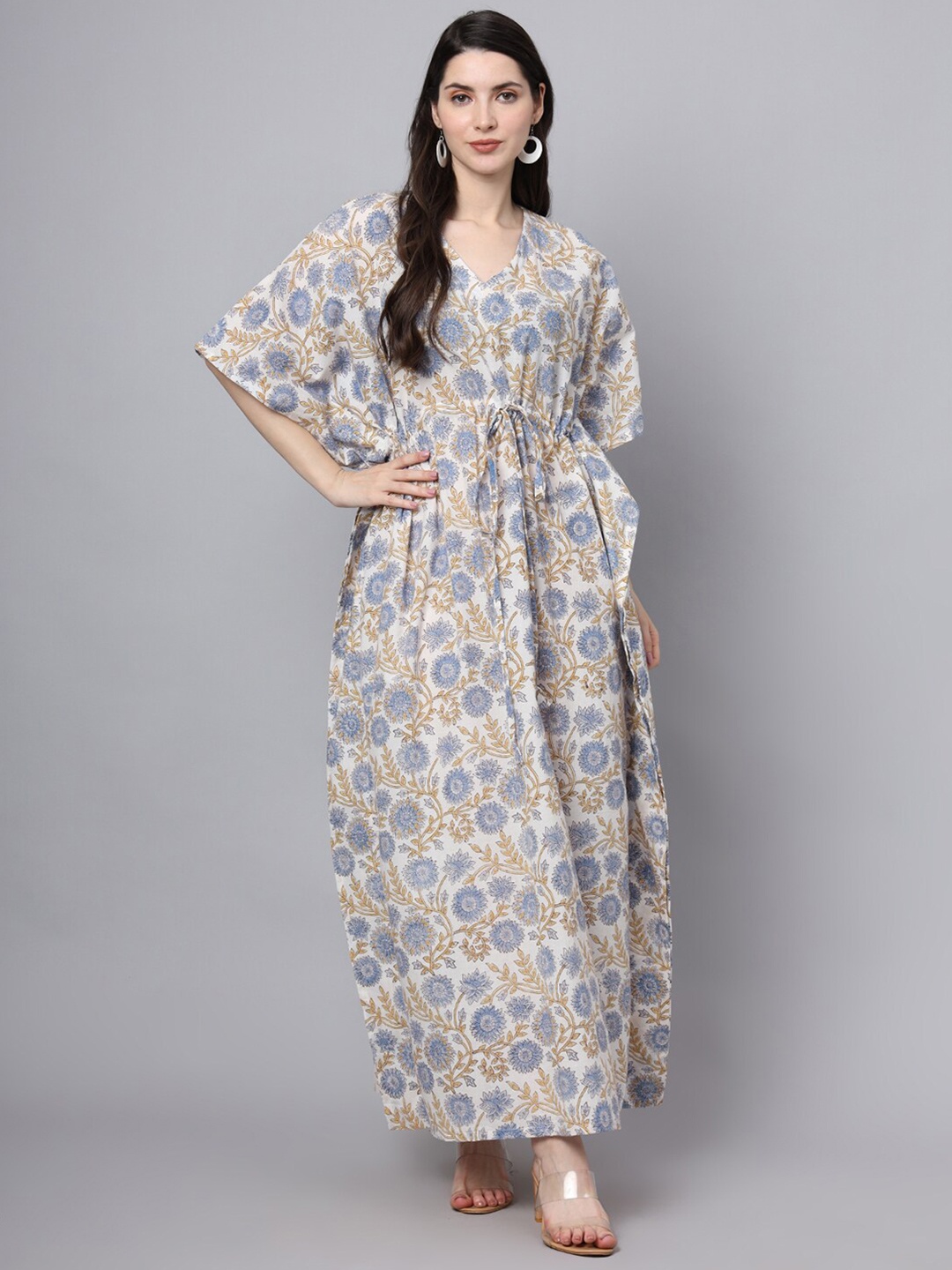 

Divena Floral Printed Extended Sleeves Cotton Kaftan Maxi Dress, Off white