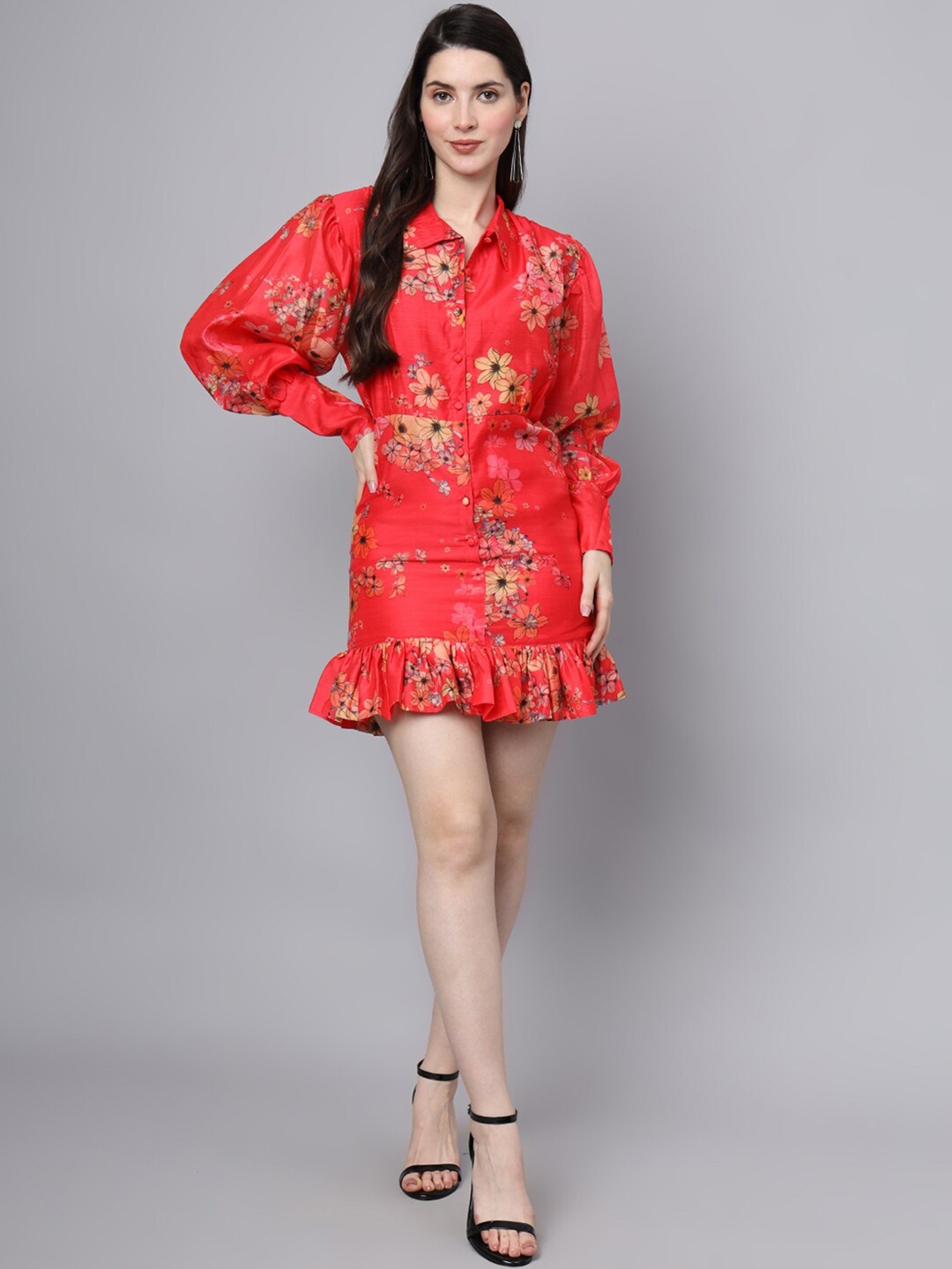

Divena Floral Printed Puff Sleeve Ruffled Shirt Mini Dress, Red