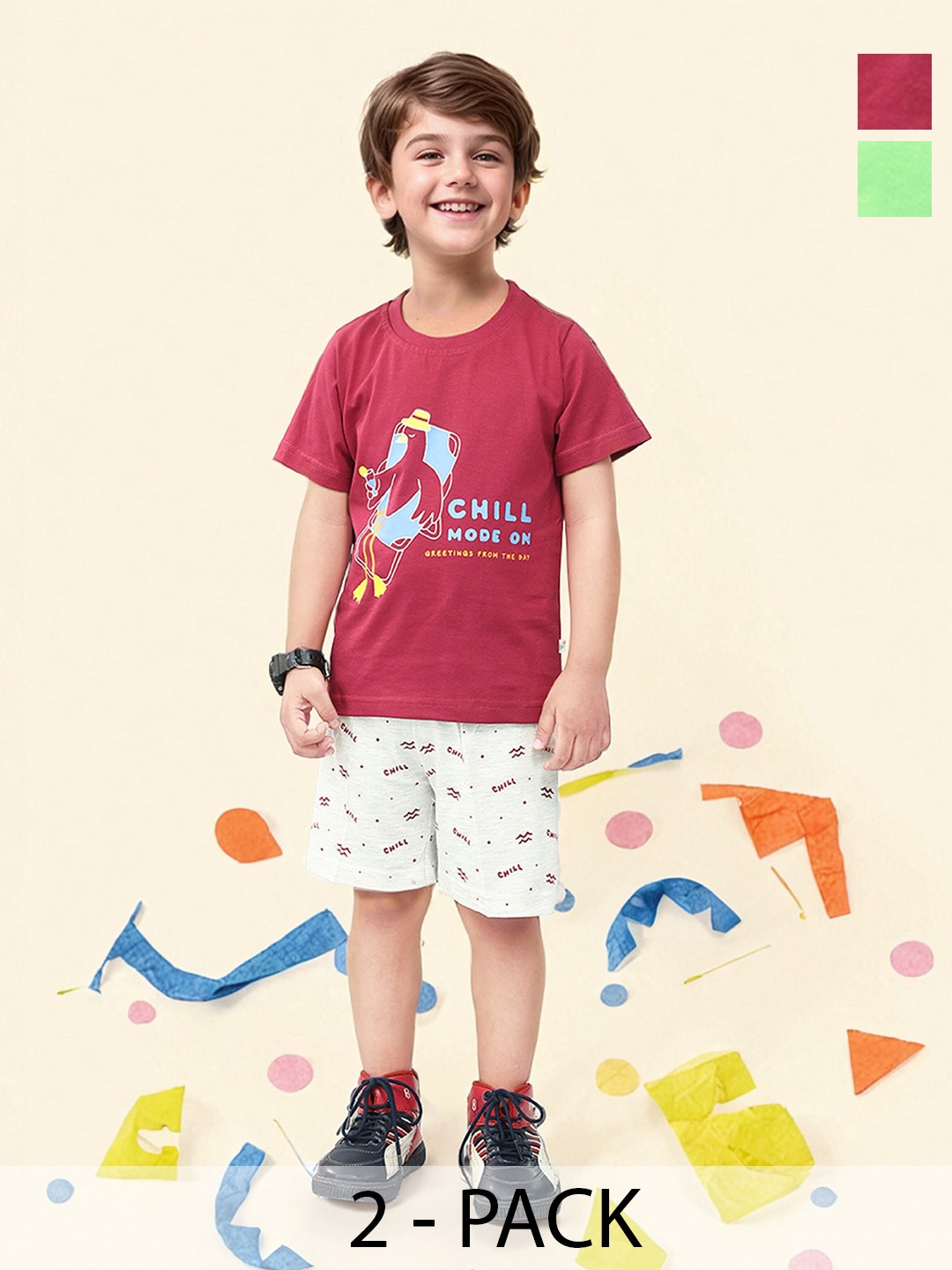 

Toonyport Boys Pack Of 2 Graphic Printed Pure Cotton T-shirt with Shorts, Green