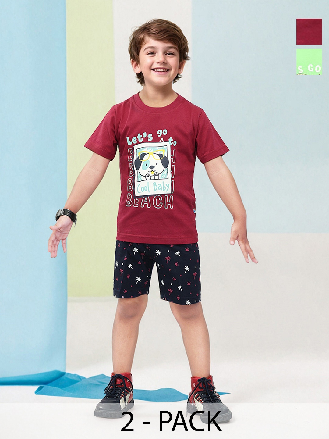 

Toonyport Boys Pack Of 2 Printed T-shirt with Shorts, Red