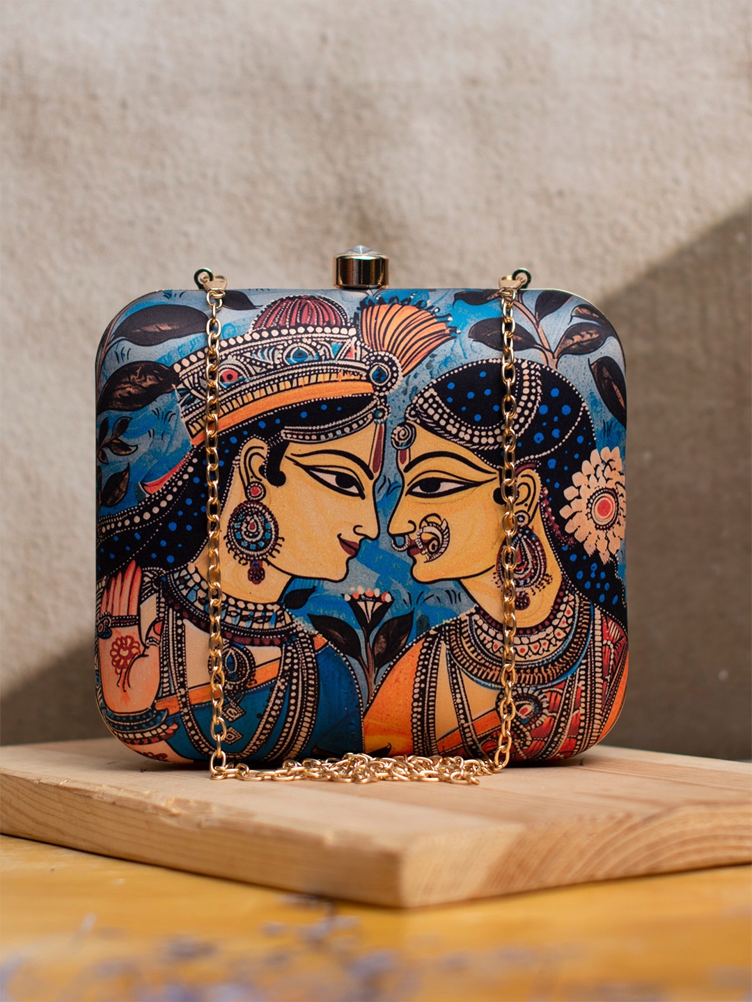 

ARTKLIM Madhubani Radha Krishna Printed Box Clutch, Blue