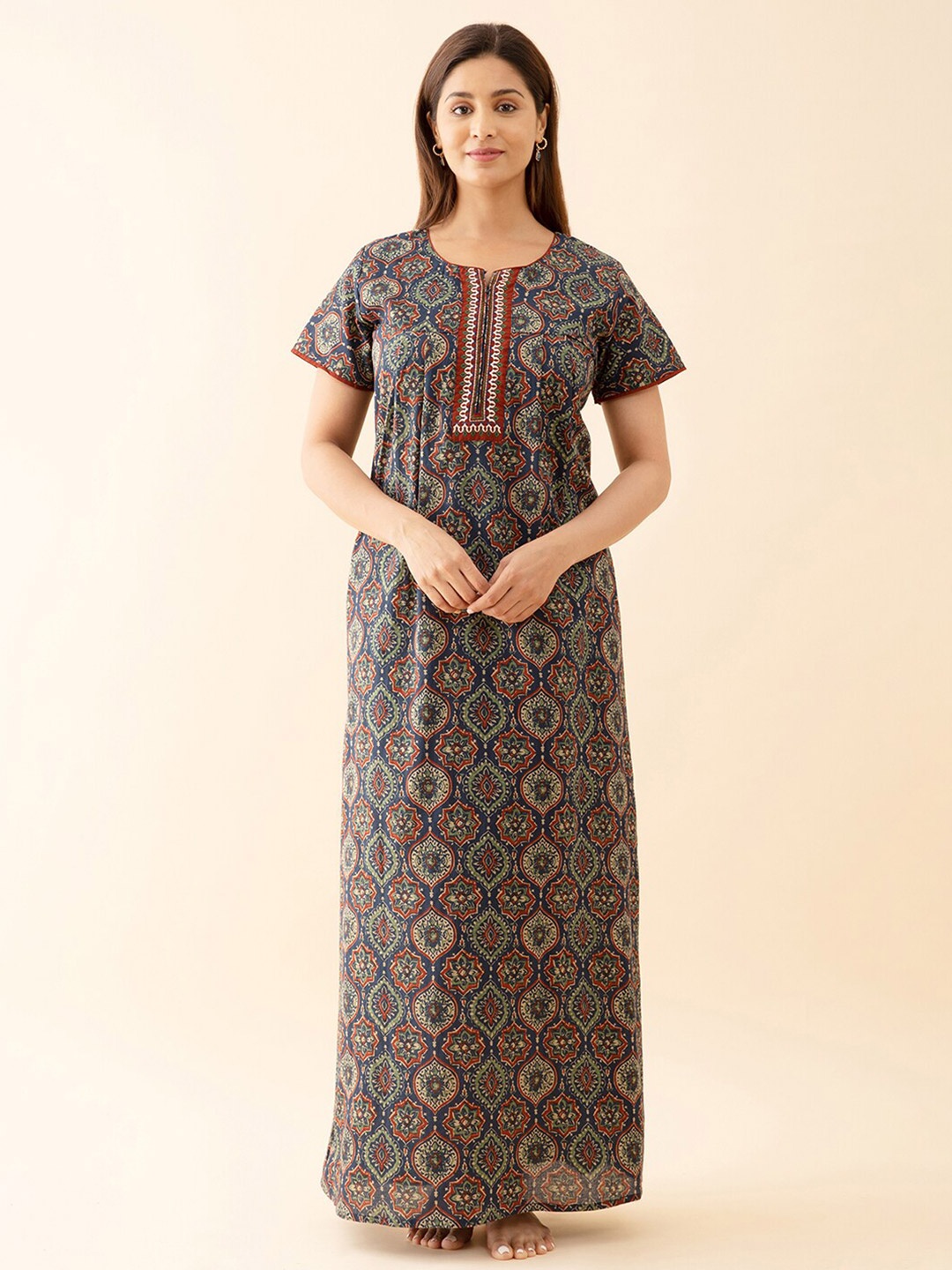 

Maybell Ethnic Motifs Printed Pure Cotton Maxi Nightdress, Navy blue