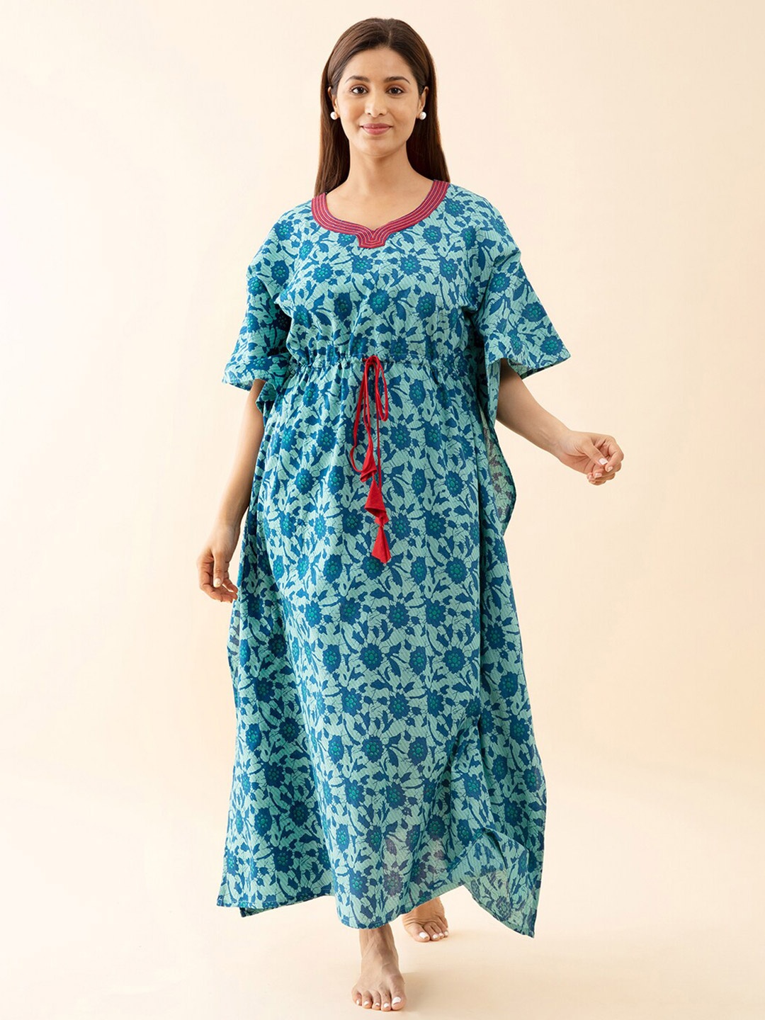 

Maybell Floral Printed Pure Cotton Kaftan Nightdress, Blue