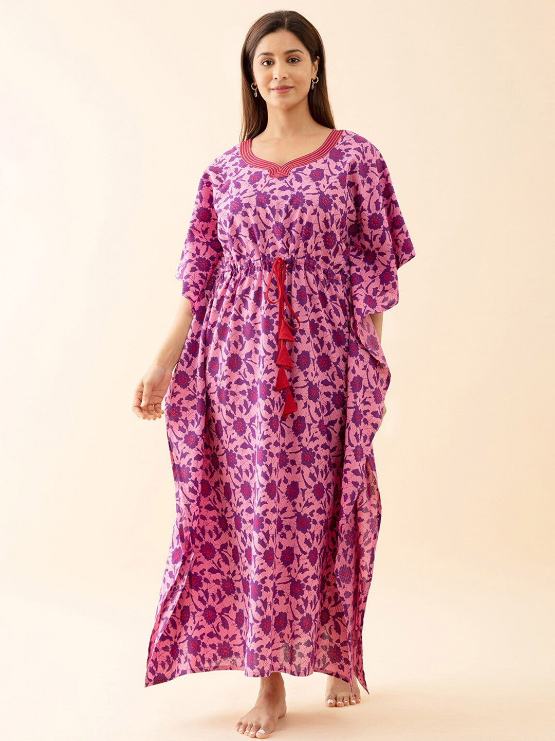 

Maybell Floral Printed Pure Cotton Maxi Kaftan Nightdress, Pink