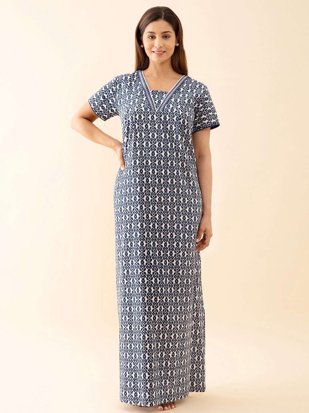 

Maybell Ethnic Motifs Printed Pure Cotton Maxi Nightdress, Blue