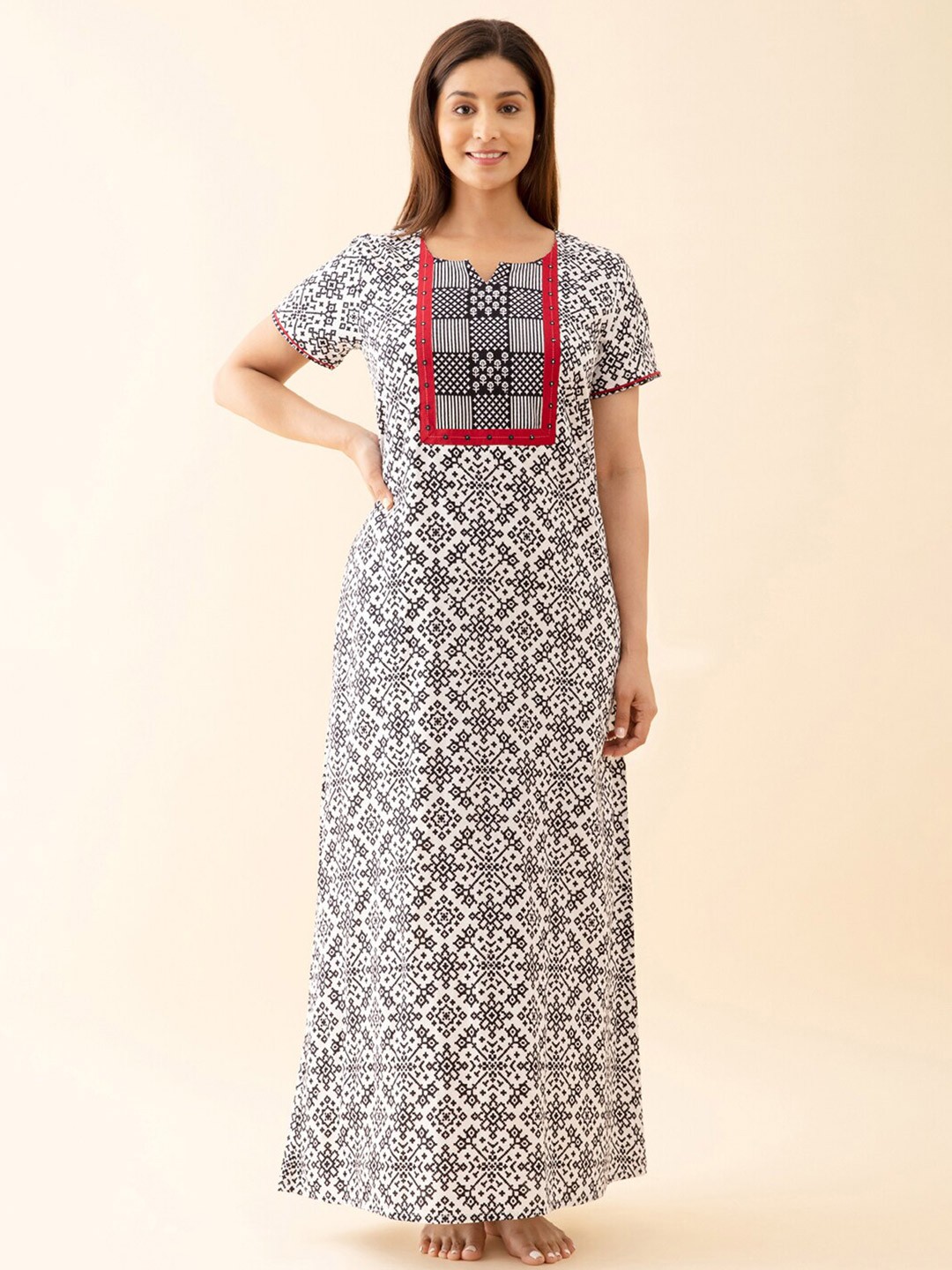 

Maybell Ethnic Motifs Printed Pure Cotton Maxi Nightdress, White