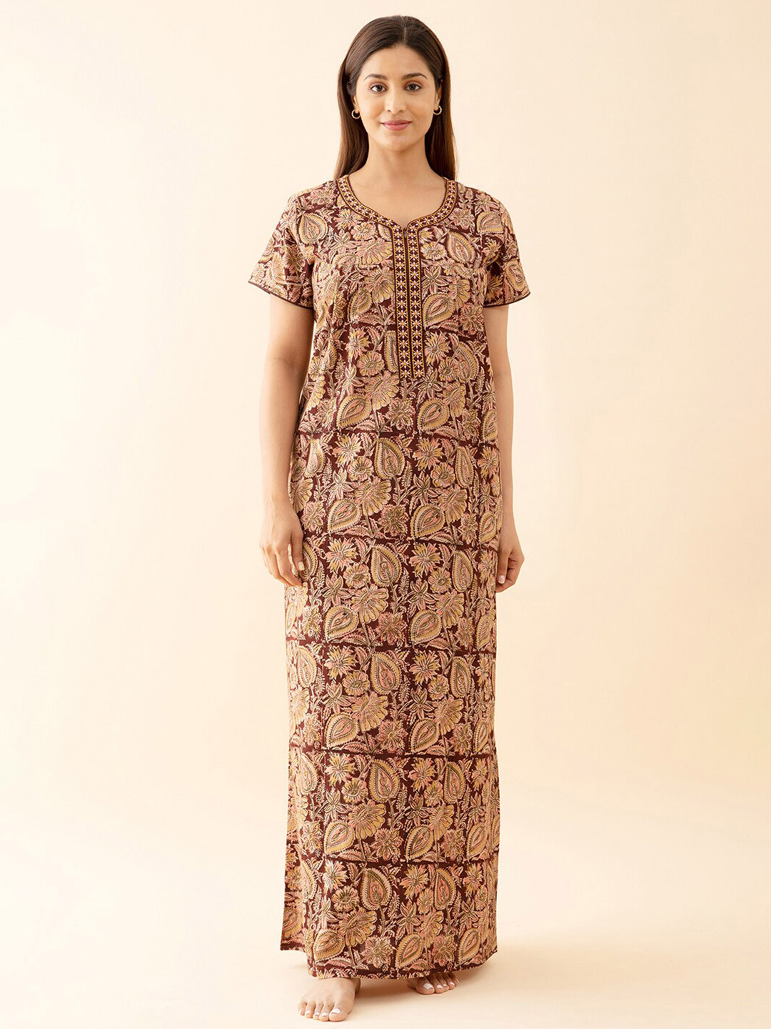 

Maybell Floral Printed Pure Cotton Maxi Nightdress, Brown