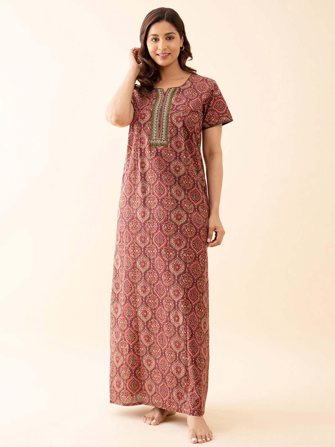 

Maybell Ethnic Motifs Printed Pure Cotton Maxi Nightdress, Maroon