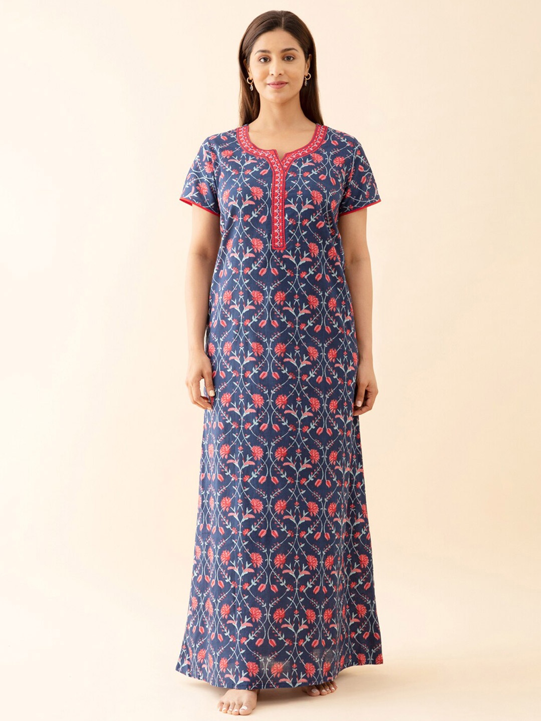 

Maybell Ethnic Motifs Printed Pure Cotton Maxi Nightdress, Blue