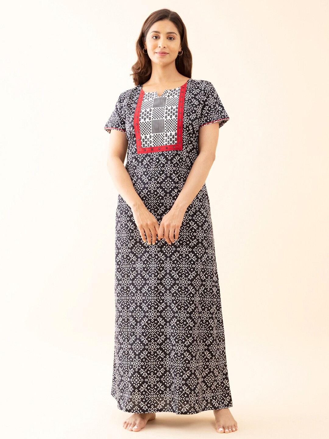

Maybell Ethnic Motifs Printed Pure Cotton Maxi Nightdress, Black