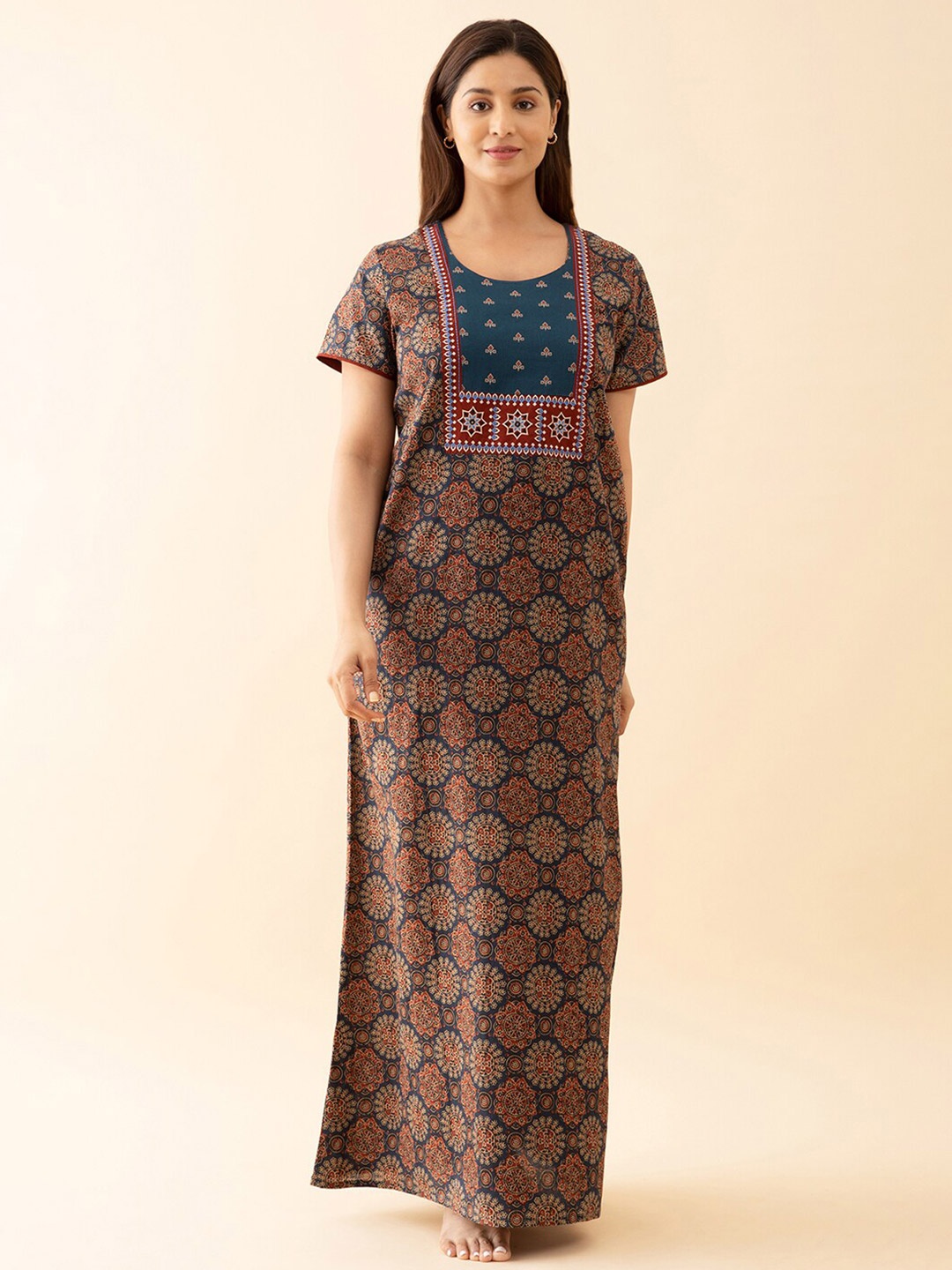 

Maybell Ethnic Motifs Printed Pure Cotton Maxi Nightdress, Blue