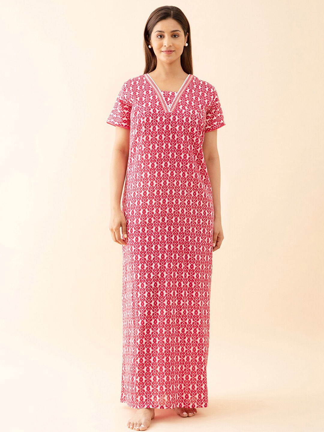 

Maybell Ethnic Motifs Printed Pure Cotton Maxi Nightdress, Pink